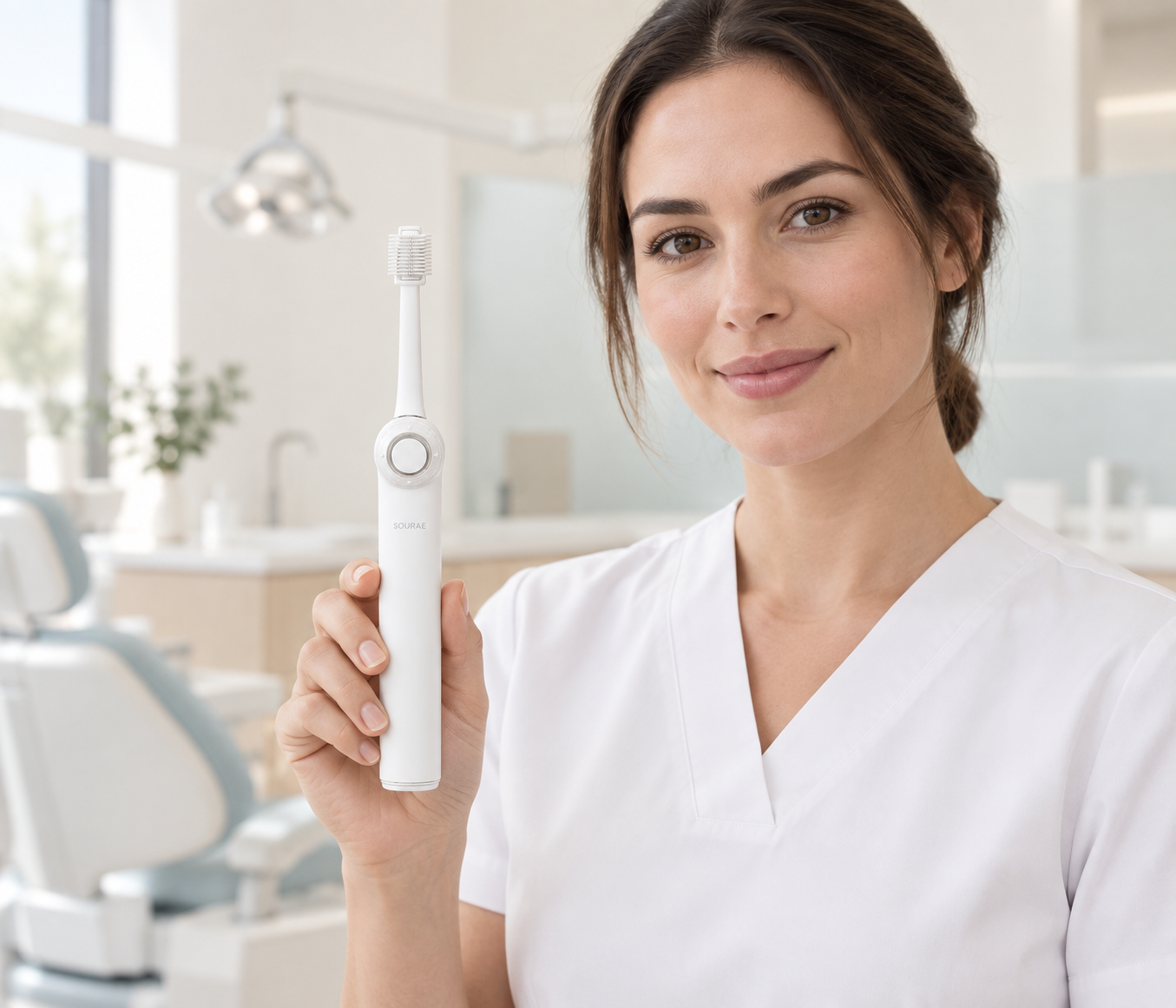 Praticien non identifié présentant une brosse à dents électrique blanche Sourae dans un cabinet lumineux