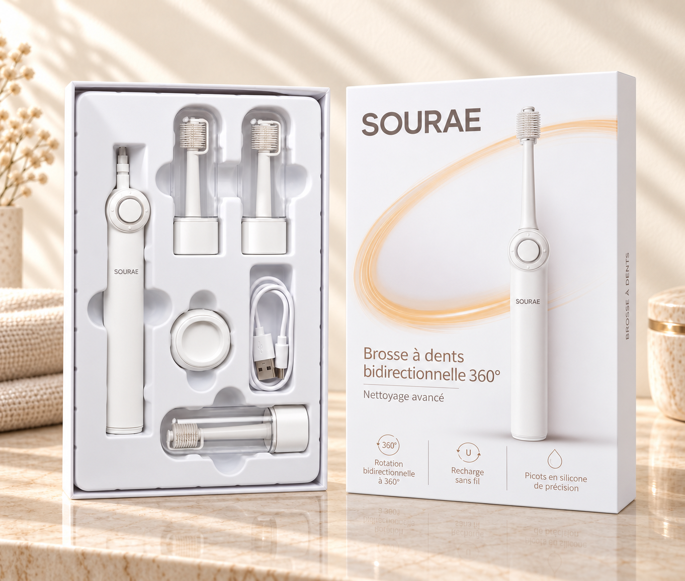 Le kit Sourae complet : l'appareil, ses têtes remplaçables dans leurs étuis transparents, la base de charge et le câble USB, présentés avec leur coffret